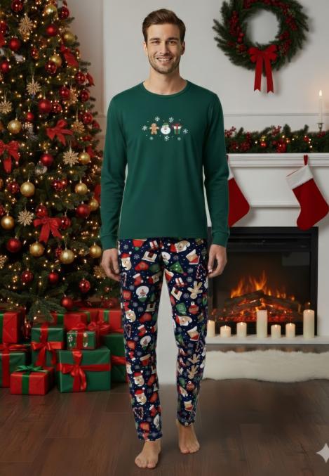 Pijama barbati Craciun,maneca lunga si pantaloni lungi,imprimeu figurine festive,En-gros